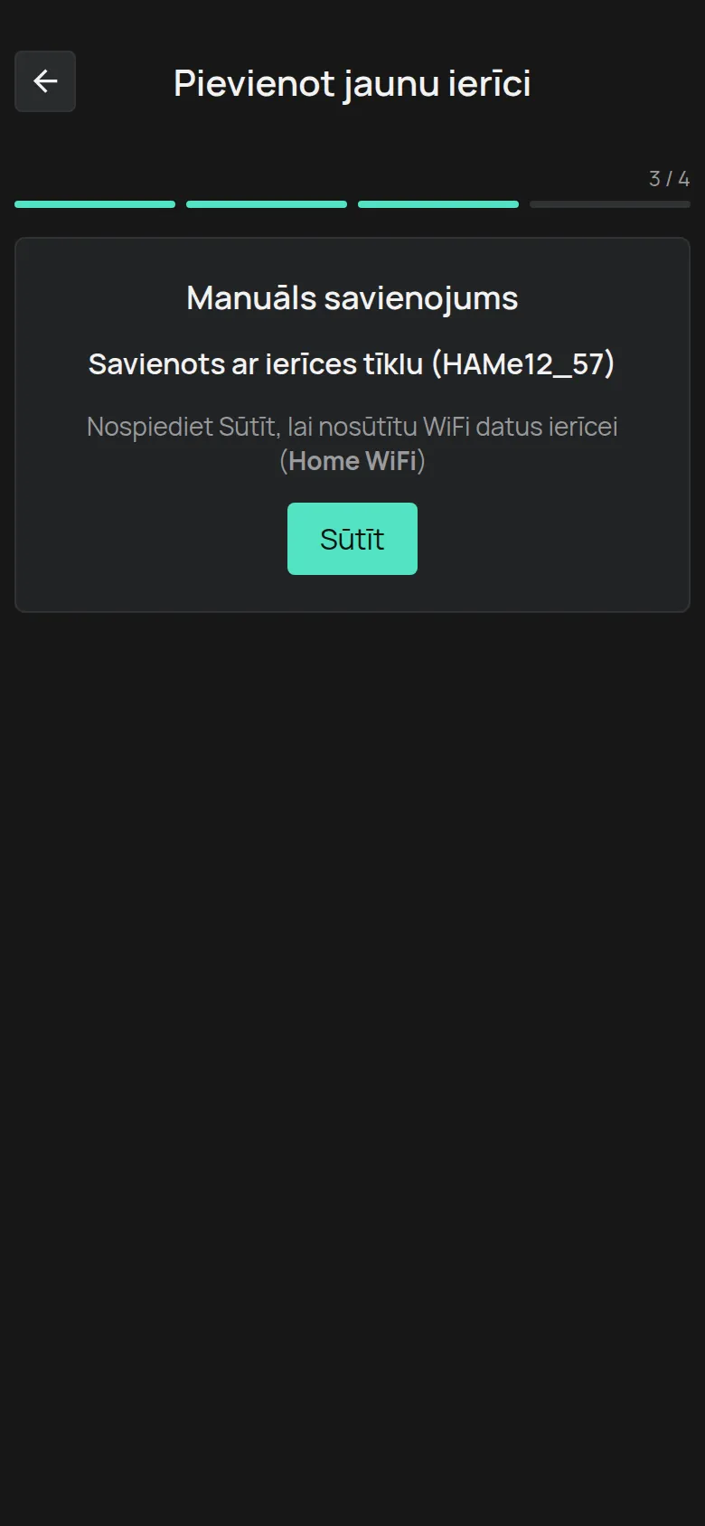 Ekrāns Savienots ar ierīces tīklu ar pogu Sūtīt