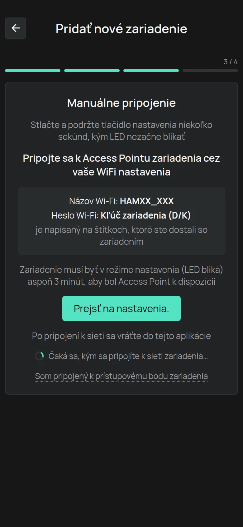 Obrazovka Manuálne pripojenie s názvom siete HAMXX_XXX, heslom Kľúč zariadenia a tlačidlom Prejsť na nastavenia