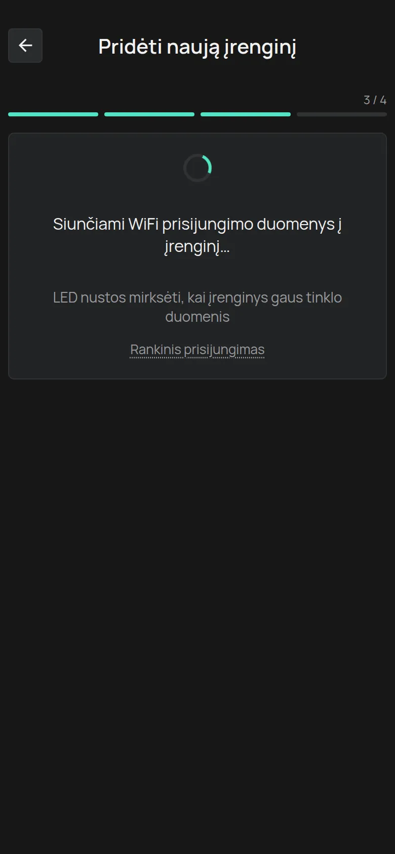 Ekranas Siunčiami WiFi prisijungimo duomenys į įrenginį