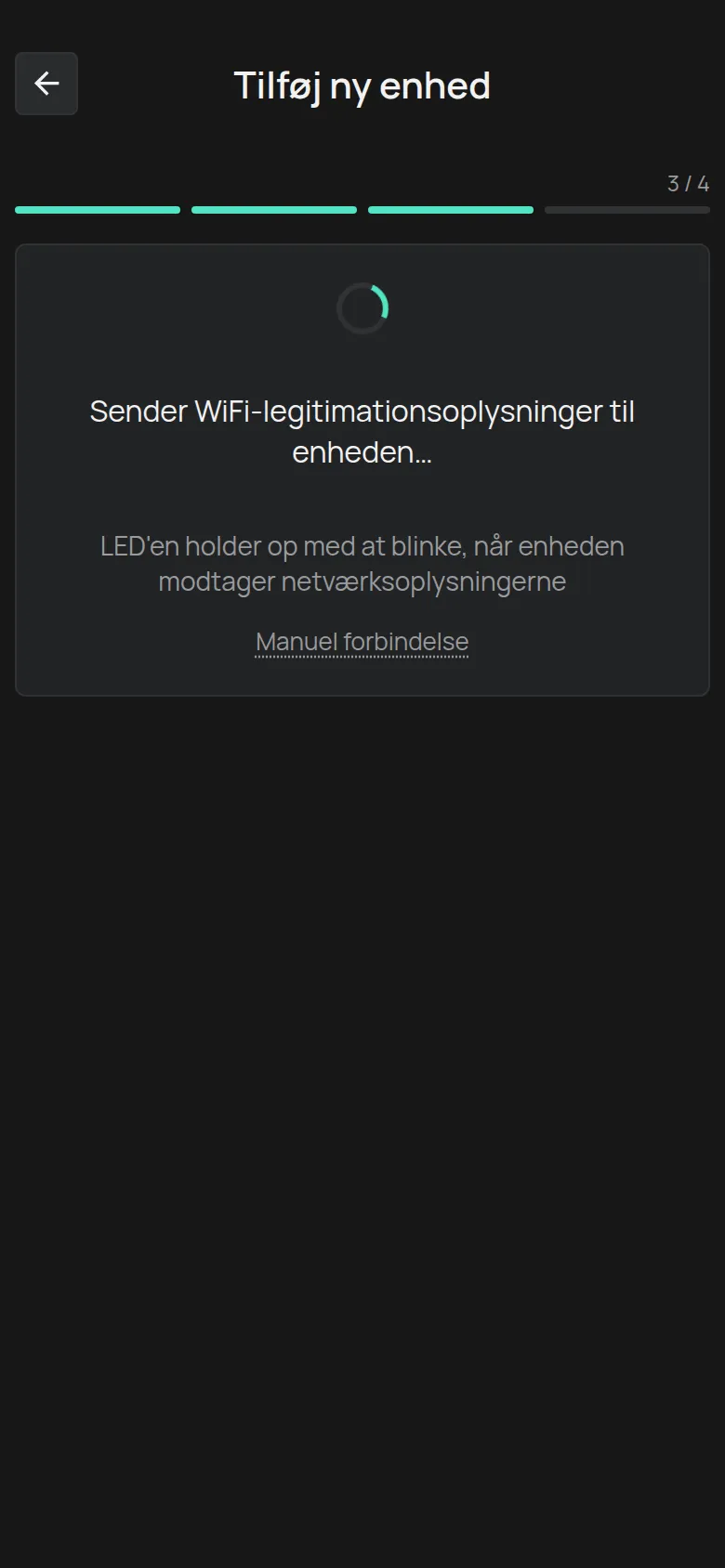 Skærmen Sender WiFi-legitimationsoplysninger til enheden