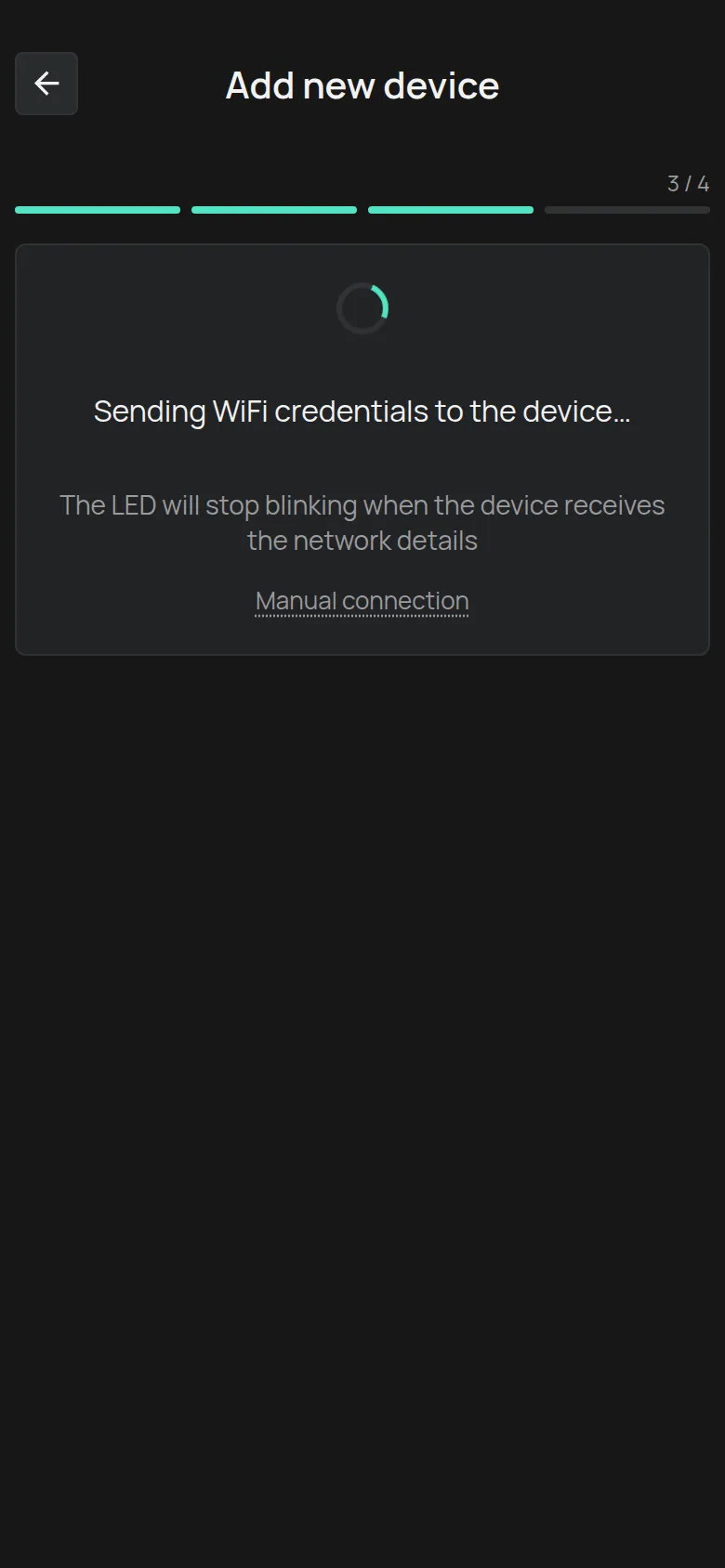 La pantalla Enviando credenciales WiFi al dispositivo