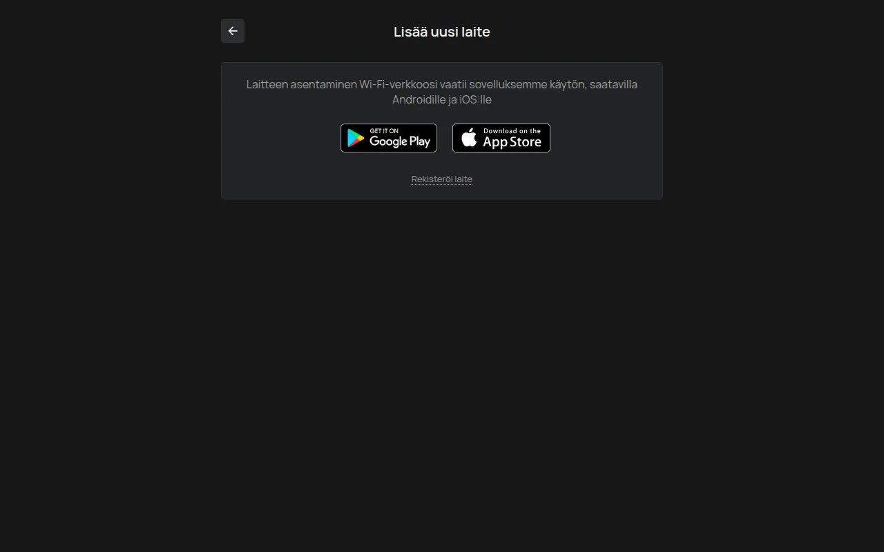 Lisää uusi laite -sivu tietokoneella, Google Play- ja App Store -linkit