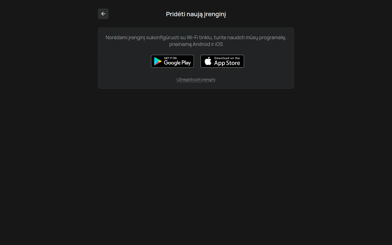 Puslapis Pridėti naują įrenginį kompiuteryje su Google Play ir App Store nuorodomis