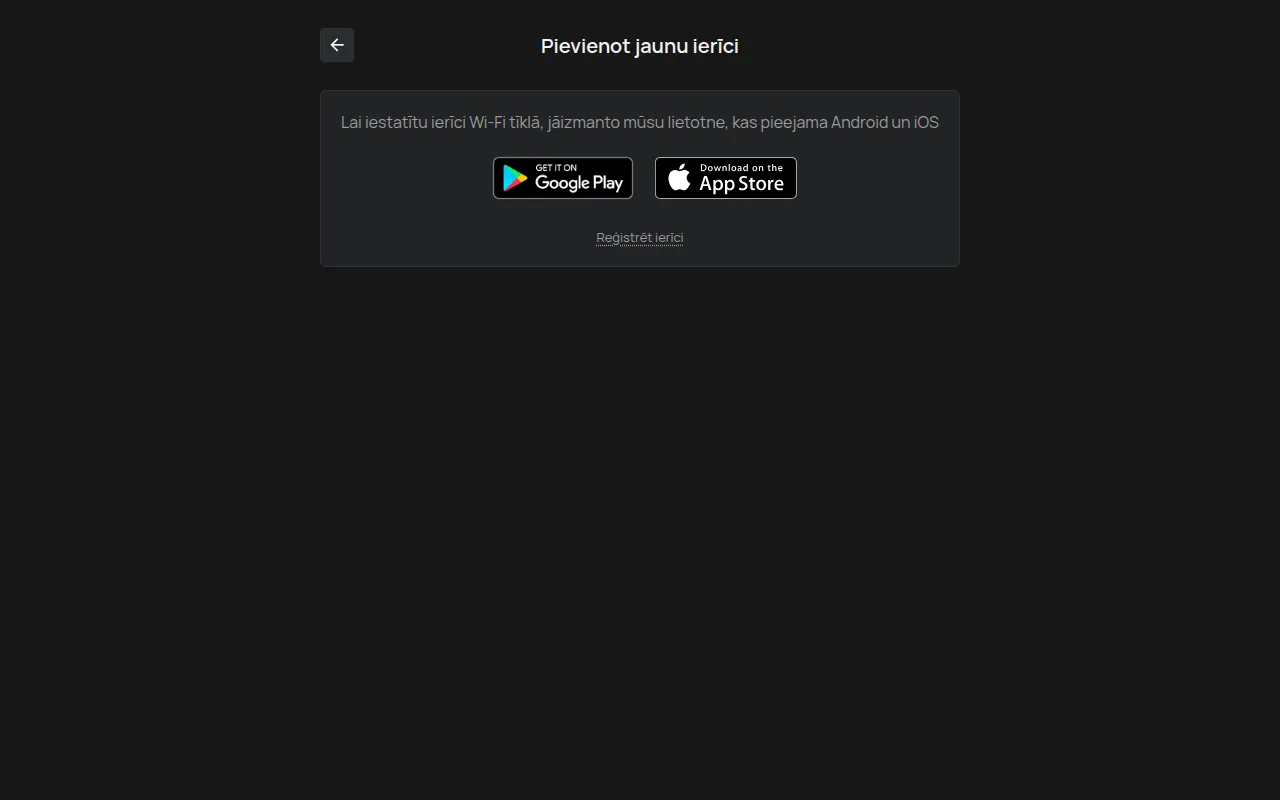 Lapa Pievienot jaunu ierīci datorā ar Google Play un App Store saitēm