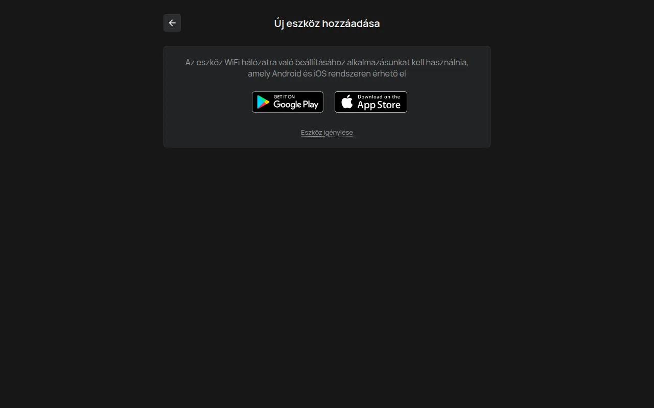 Az Új eszköz hozzáadása oldal számítógépen, a Google Play és az App Store hivatkozásokkal