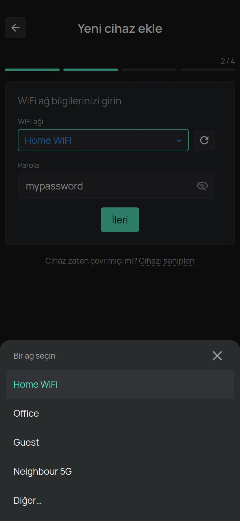 Telefonun bulduğu ağlarla Bir ağ seçin listesi