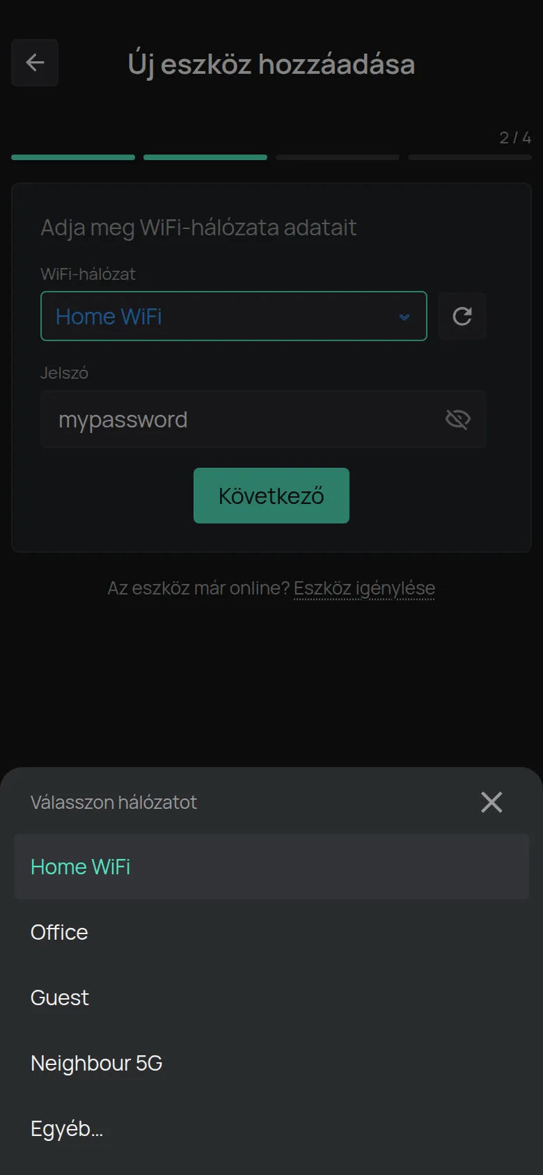 A Válasszon hálózatot lista a telefon által talált hálózatokkal