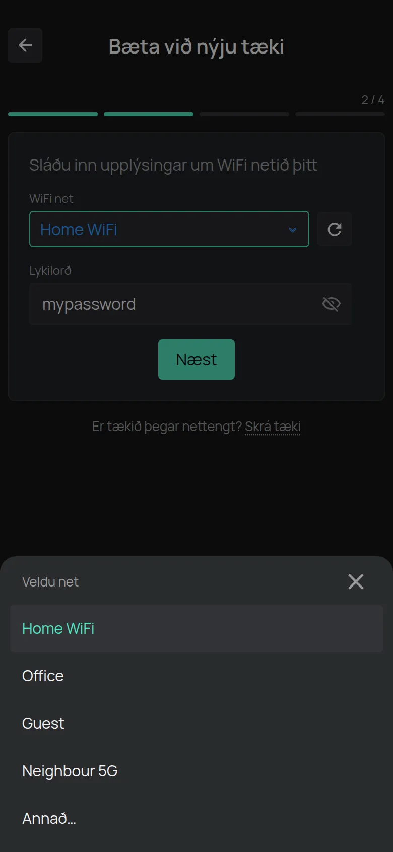 Listinn Veldu net með netunum sem síminn fann