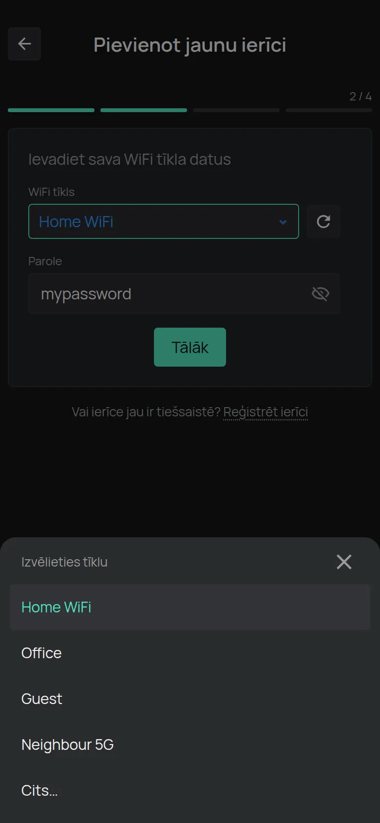 Saraksts Izvēlieties tīklu ar tīkliem, ko atrada tālrunis