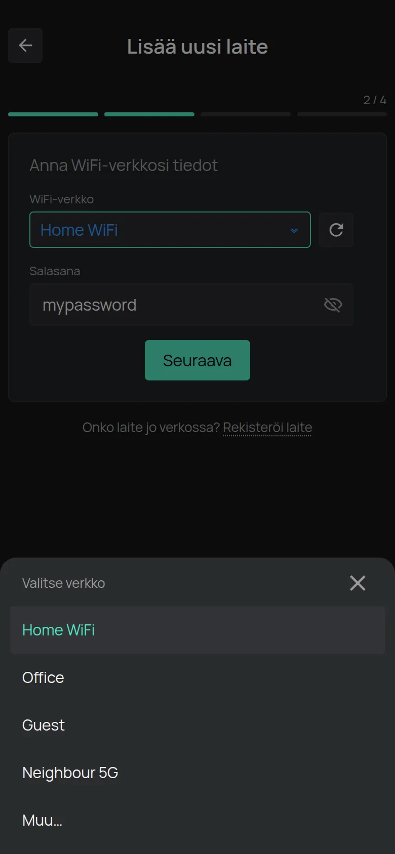 Valitse verkko -luettelo ja verkot, jotka puhelin löysi