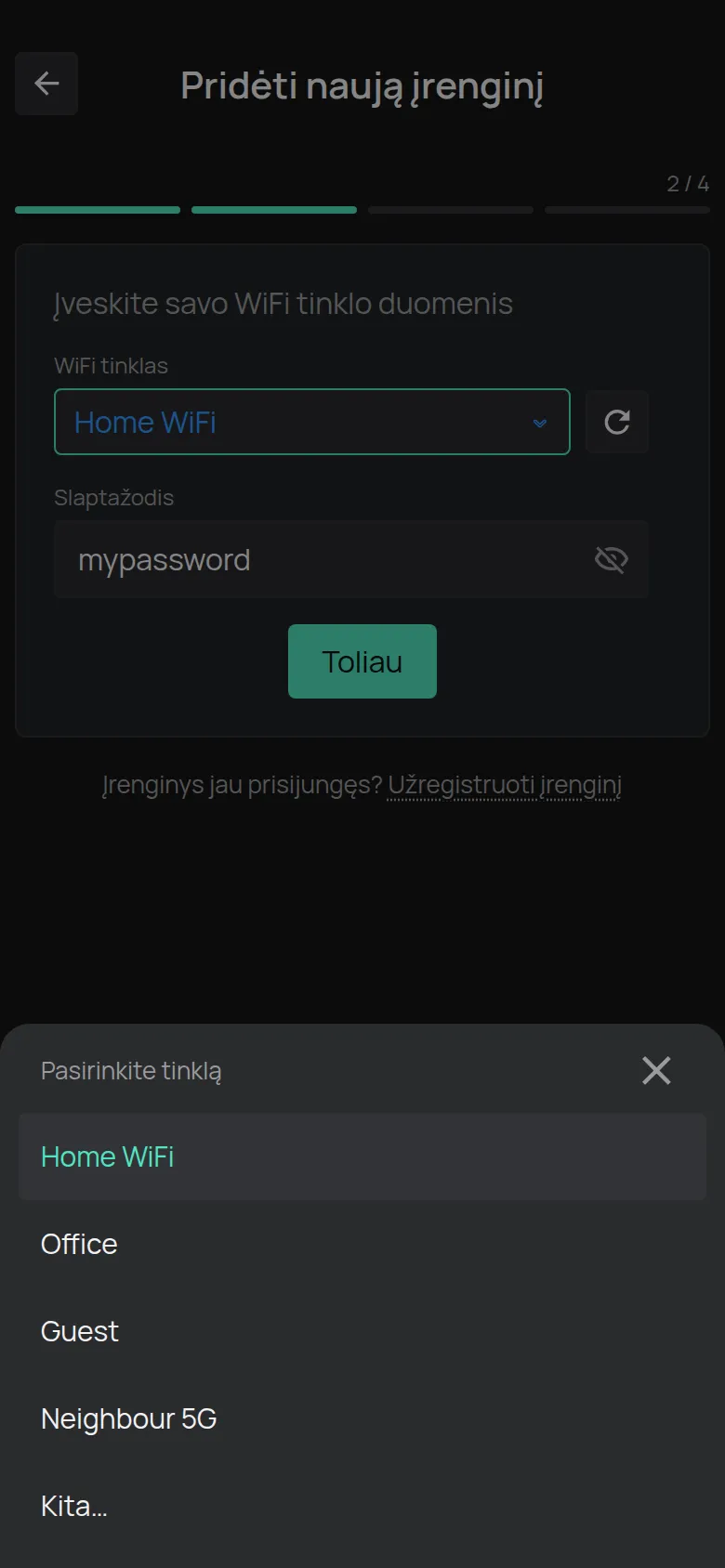Tinklo pasirinkimo sąrašas su tinklais, kuriuos rado telefonas