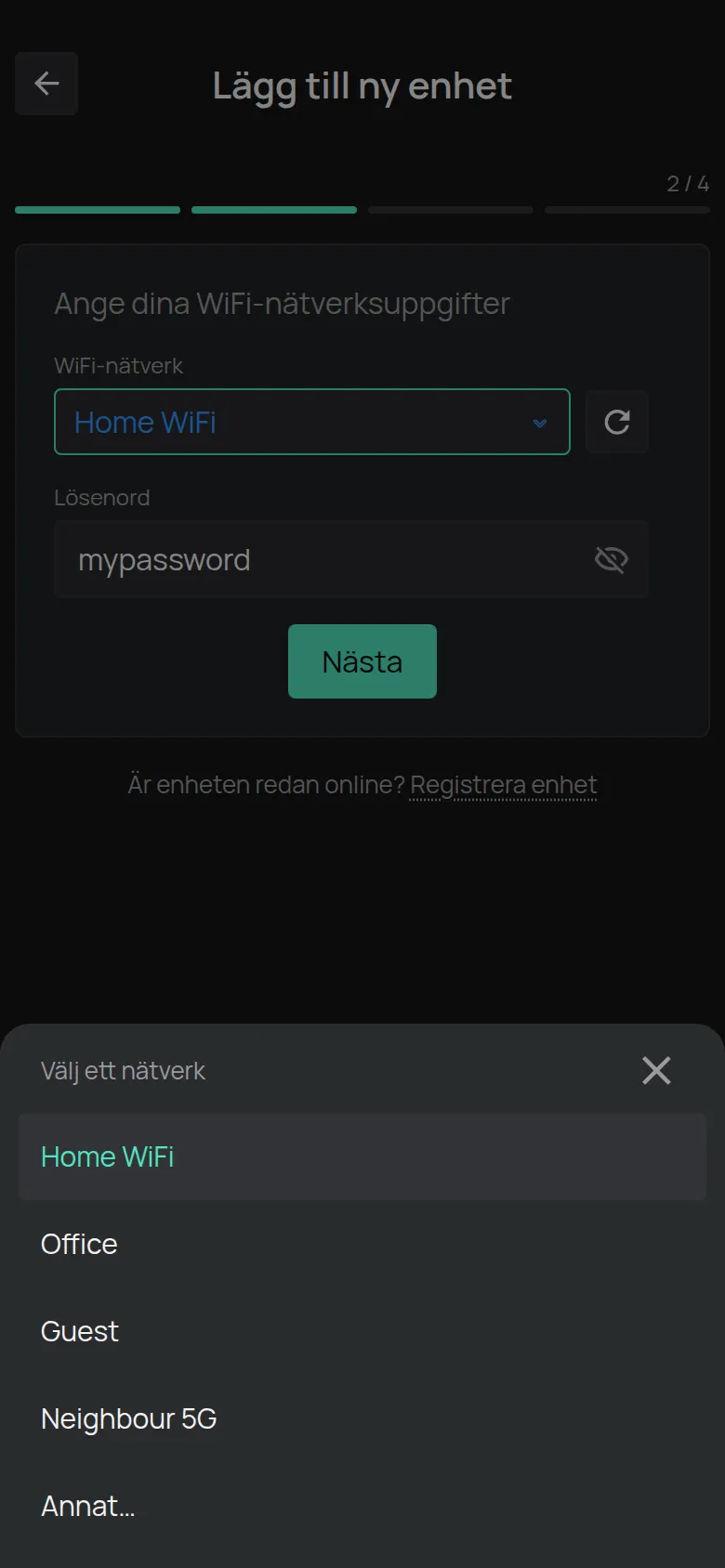 Listan Välj ett nätverk med nätverken som telefonen hittade