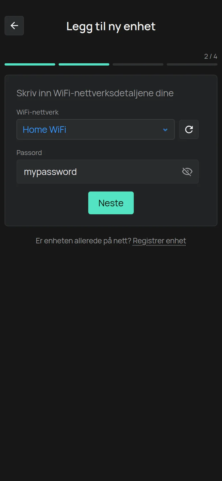 Skjermen Skriv inn WiFi-nettverksdetaljene dine