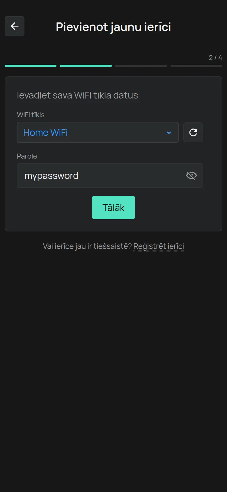 Ekrāns Ievadiet sava WiFi tīkla datus