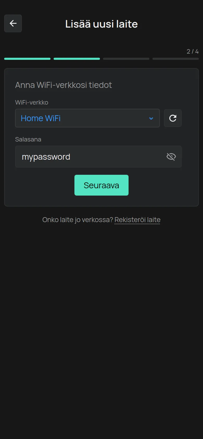 WiFi-verkon tietojen syöttönäyttö
