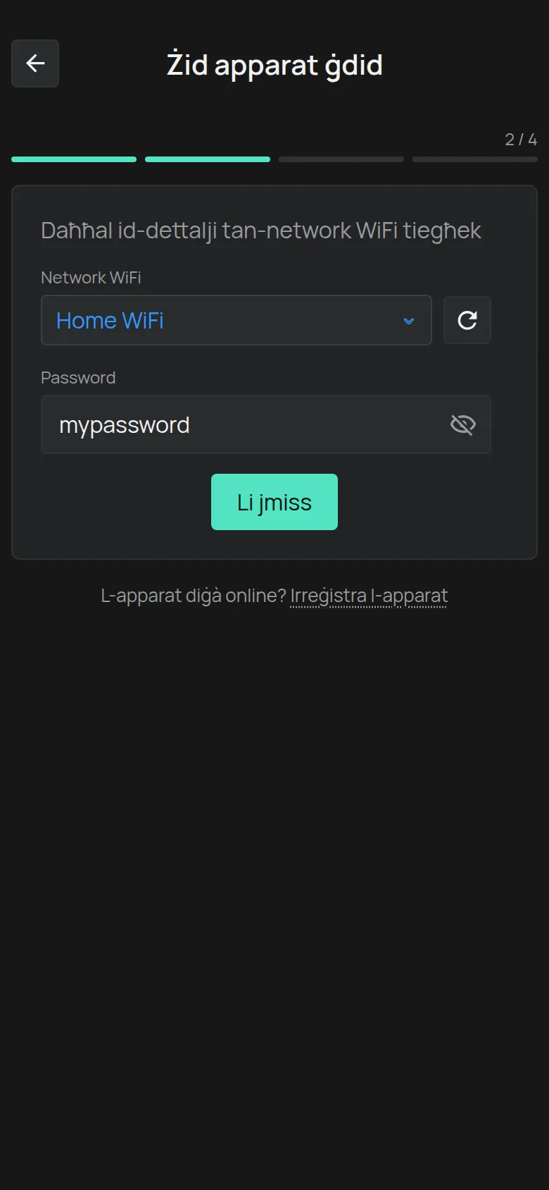 L-iskrin Daħħal id-dettalji tan-network WiFi tiegħek
