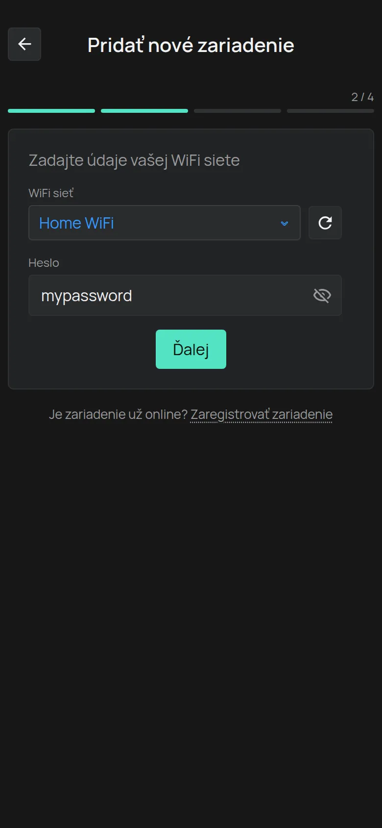 Obrazovka na zadanie údajov siete WiFi