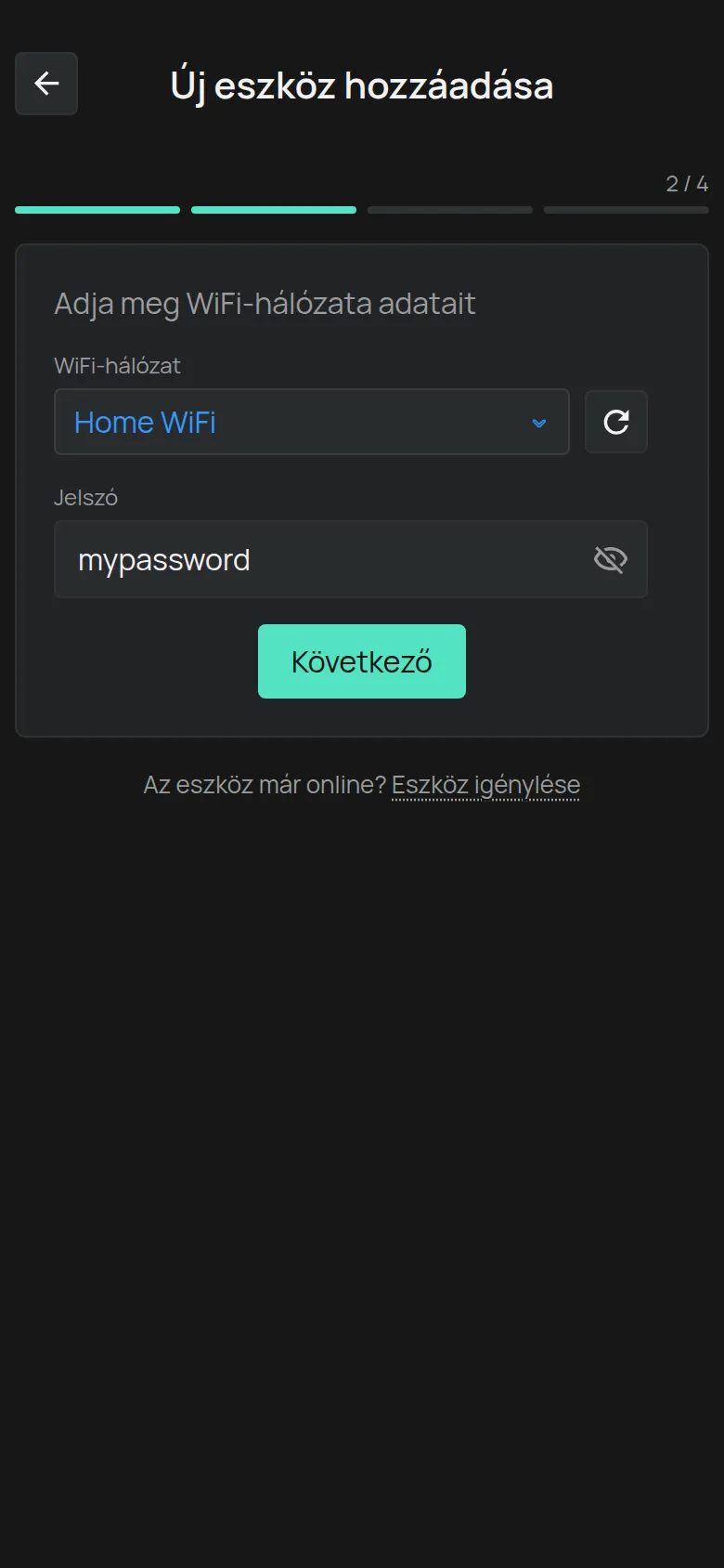 Az Adja meg WiFi-hálózata adatait képernyő