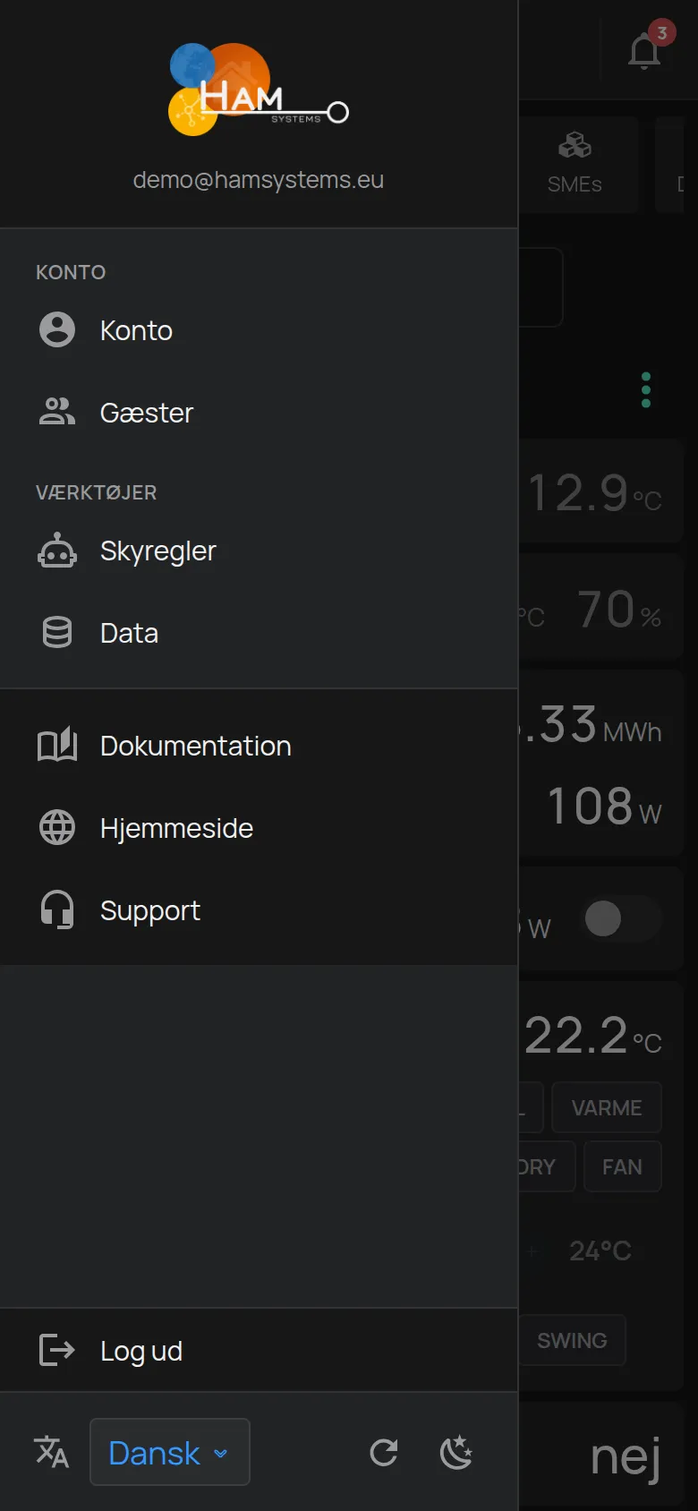 Sidemenuen med kontoen, værktøjerne og sproget