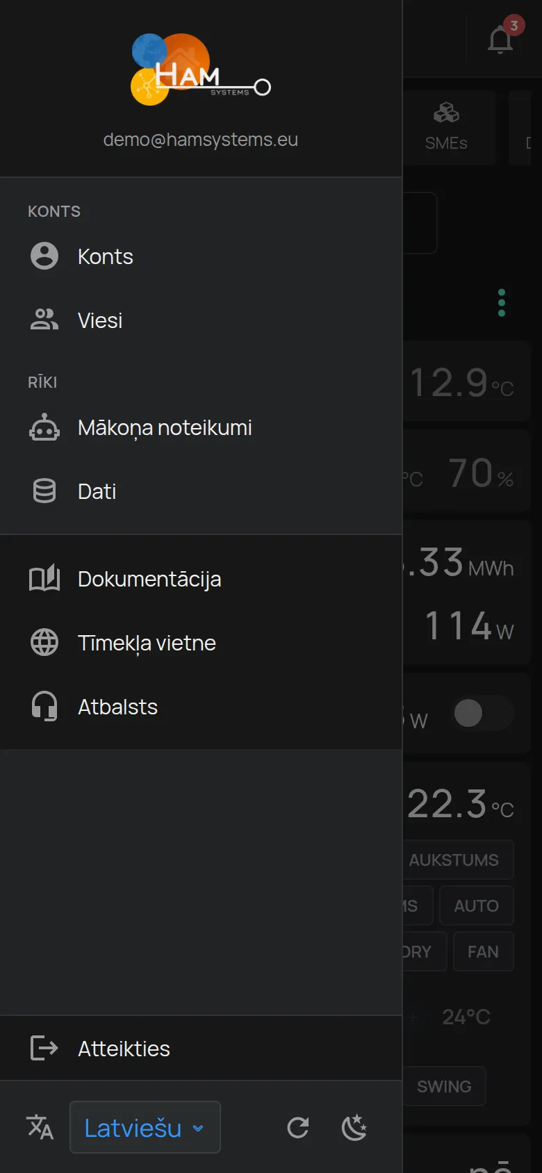 Sānu izvēlne ar kontu, rīkiem un valodu