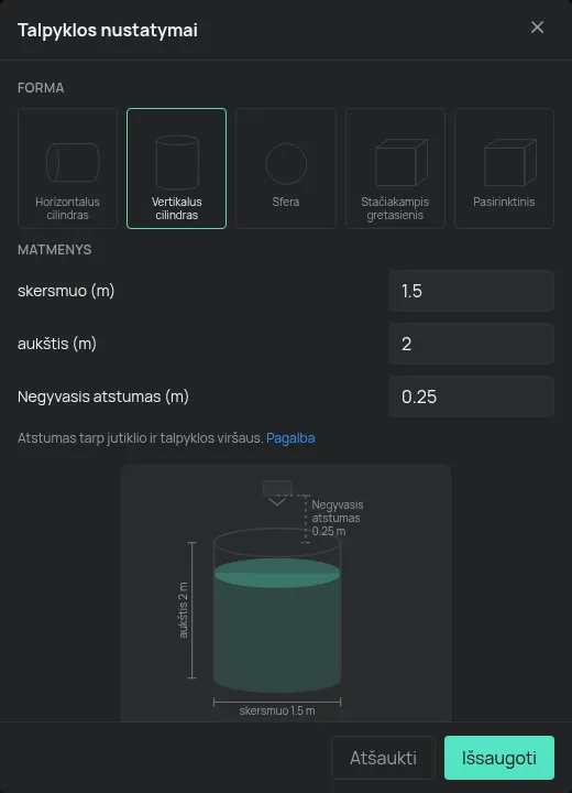 Talpyklos sąrankos langas su forma ir matmenimis