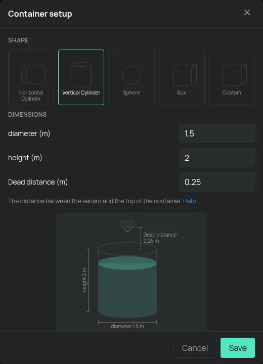 A janela de configuração do Depósito com a forma e as dimensões