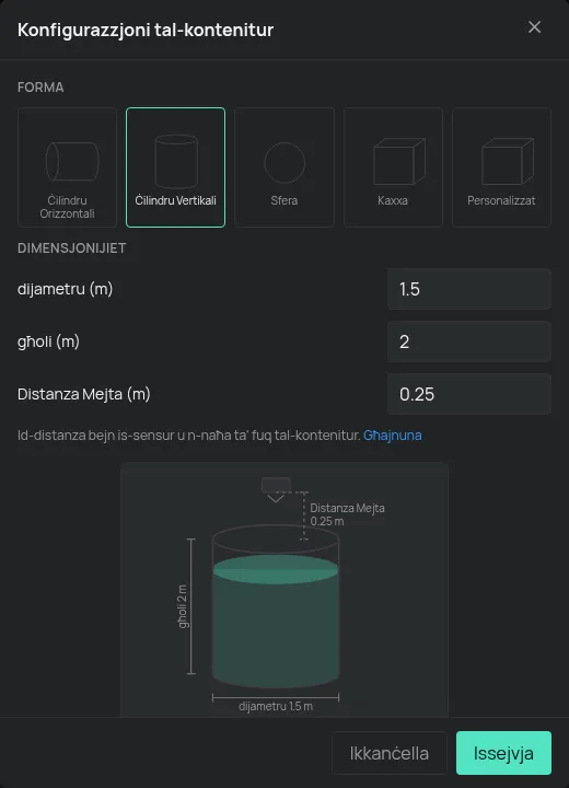 It-tieqa tas-setup tal-Kontenitur bil-forma u d-dimensjonijiet