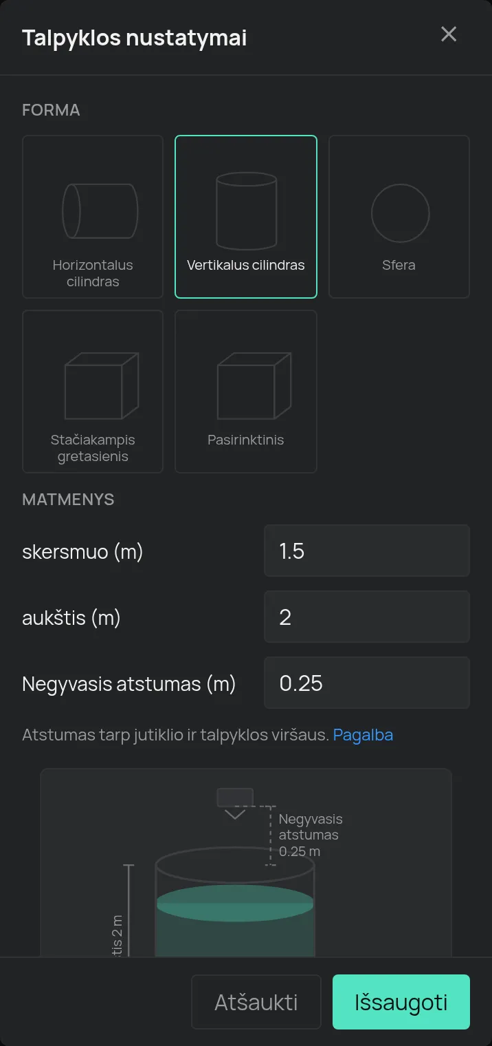 Talpyklos sąrankos langas su forma ir matmenimis