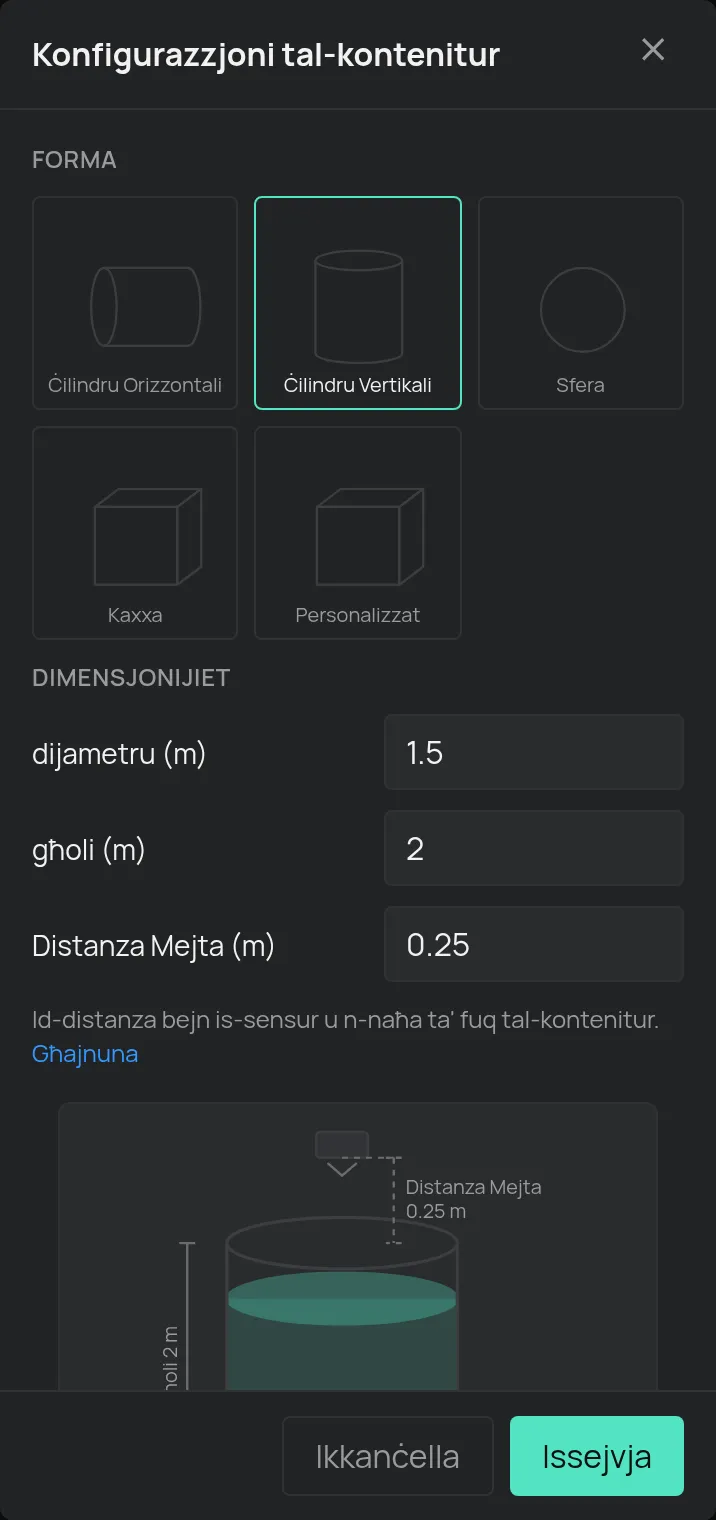 It-tieqa tas-setup tal-Kontenitur bil-forma u d-dimensjonijiet