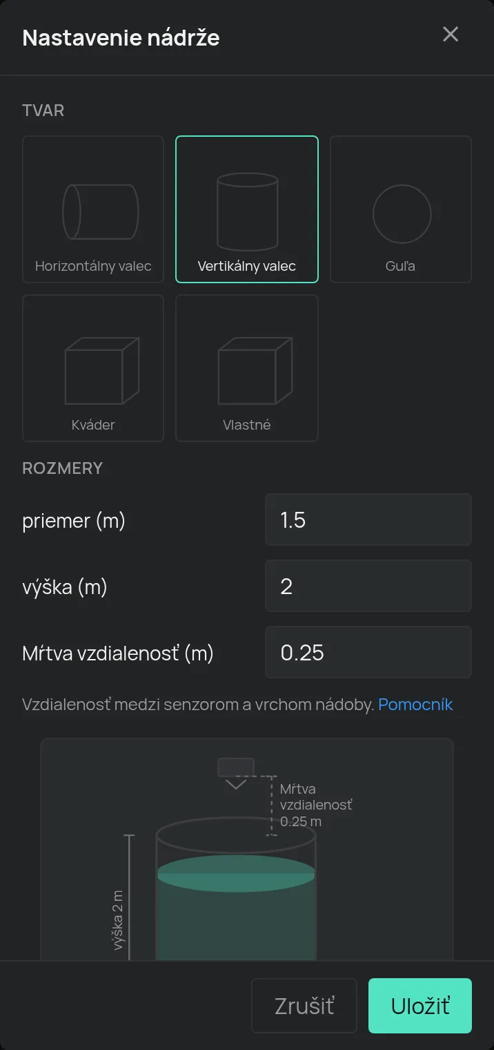 Okno nastavenia nádrže s tvarom a rozmermi