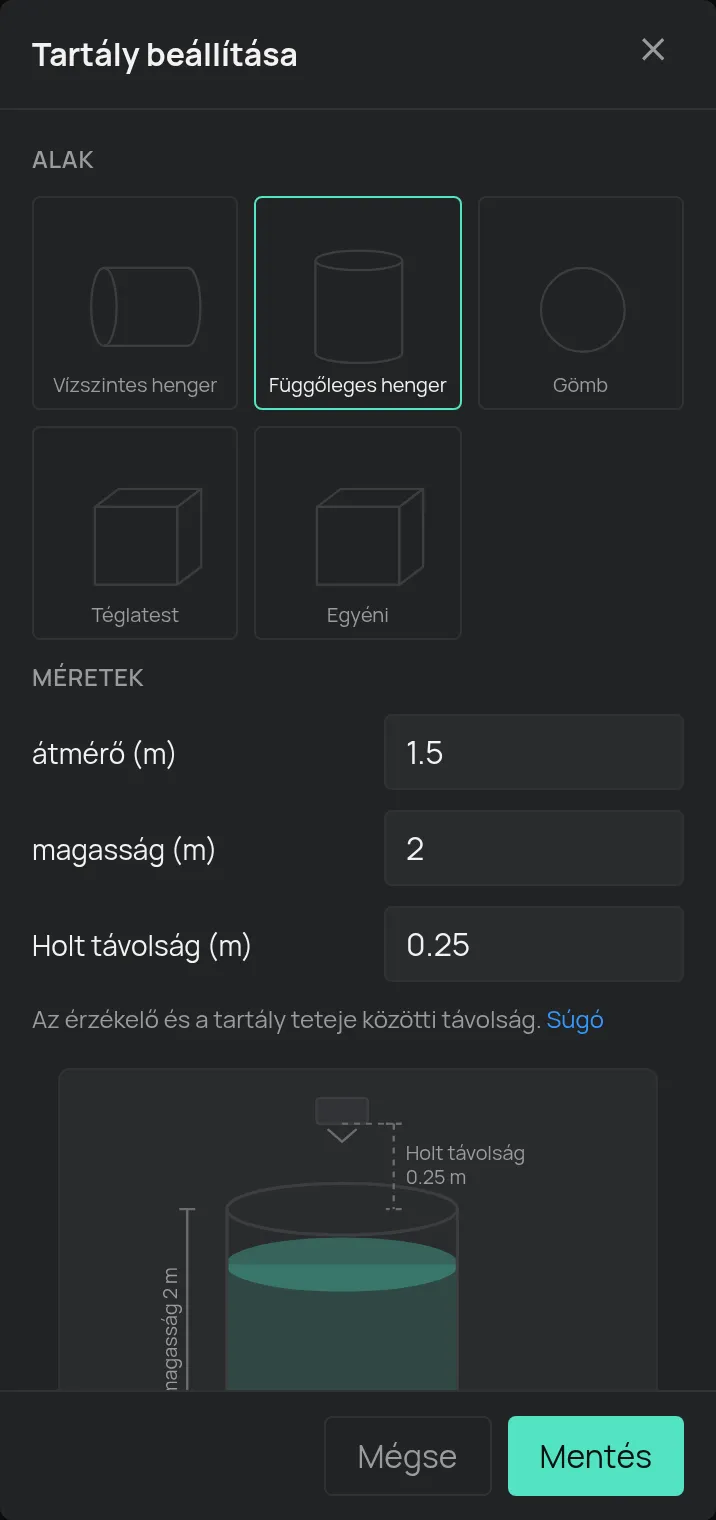 A Tartály beállítási ablaka az alakkal és a méretekkel
