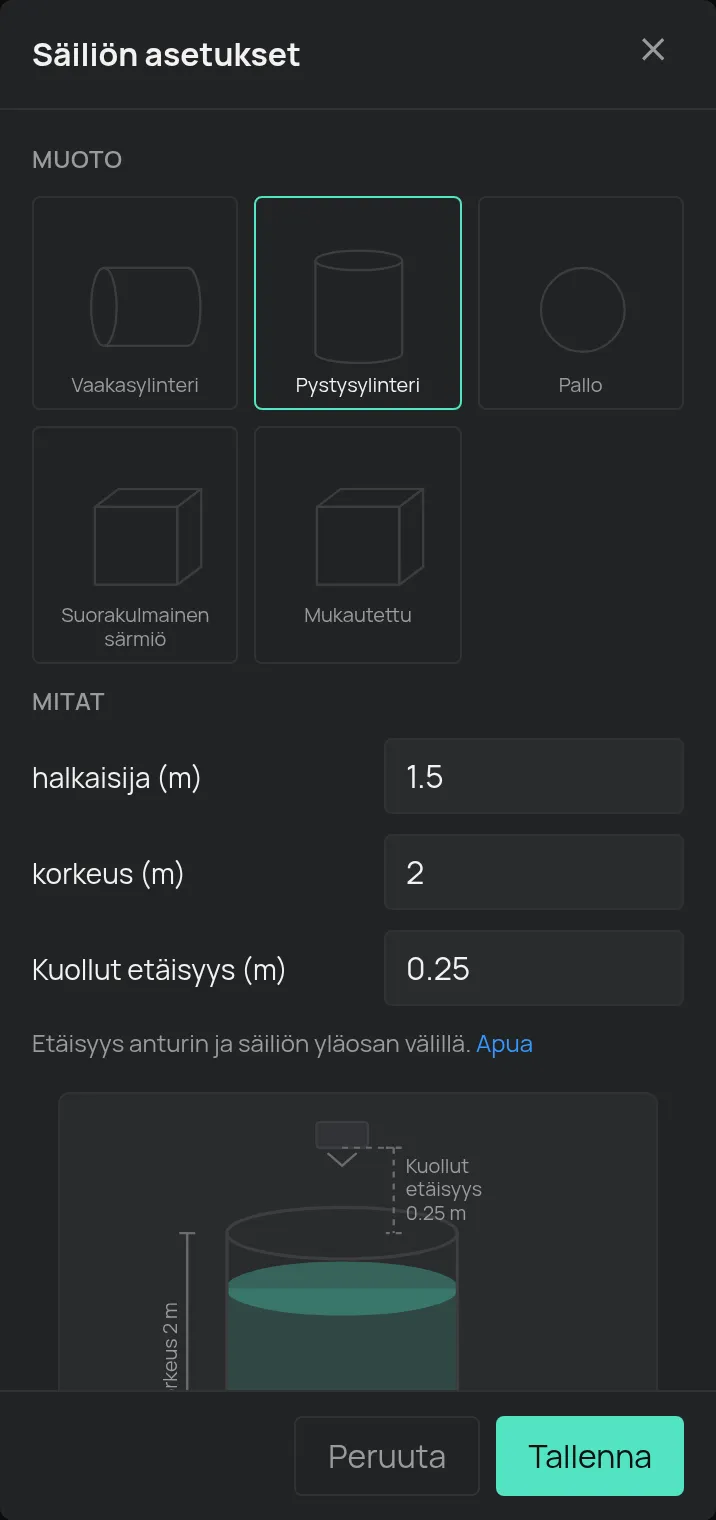 Säiliön asetusikkuna, muoto ja mitat
