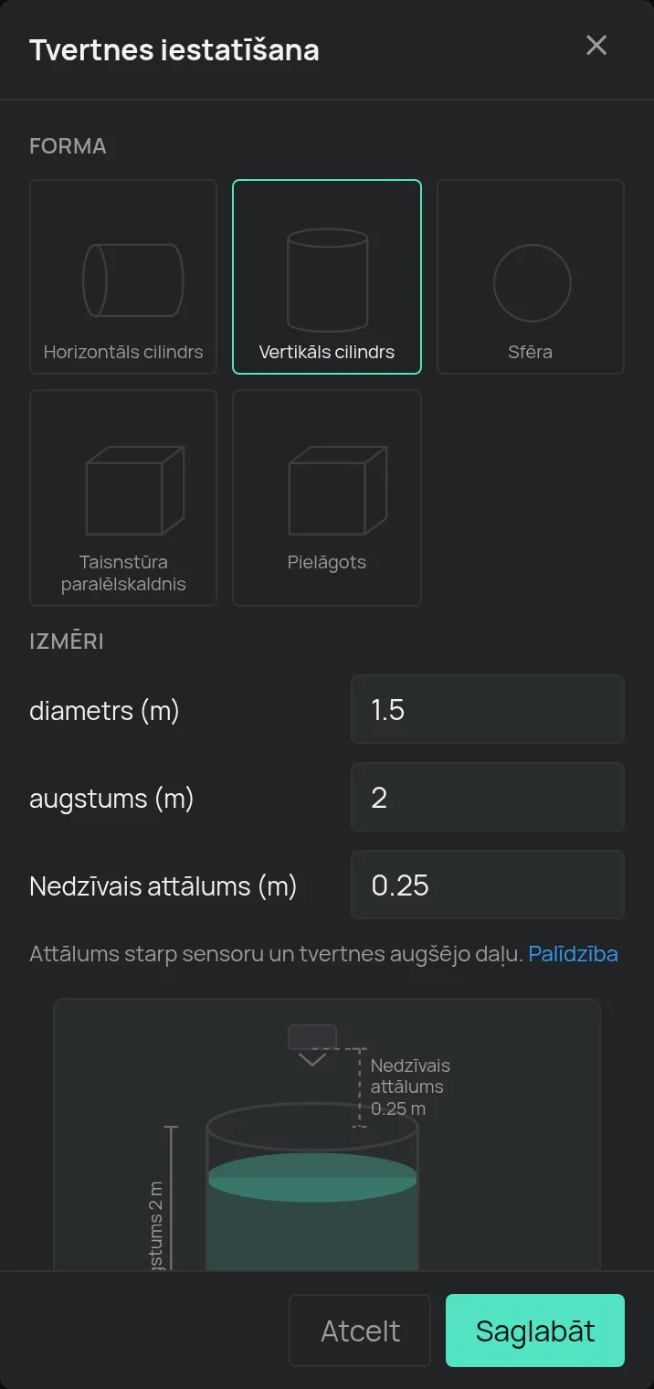 Tvertnes iestatīšanas logs ar formu un izmēriem
