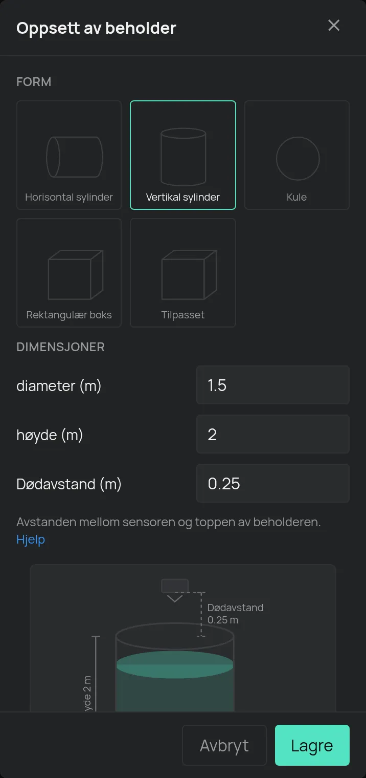 Vinduet for oppsett av beholderen med formen og dimensjonene